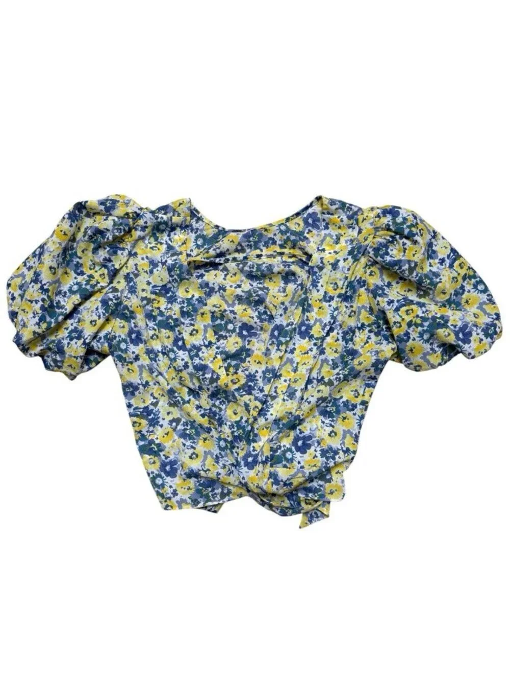 ASTR The Label Floral Crop Top Puff Sleeve Wrap Blue Yellow Size M